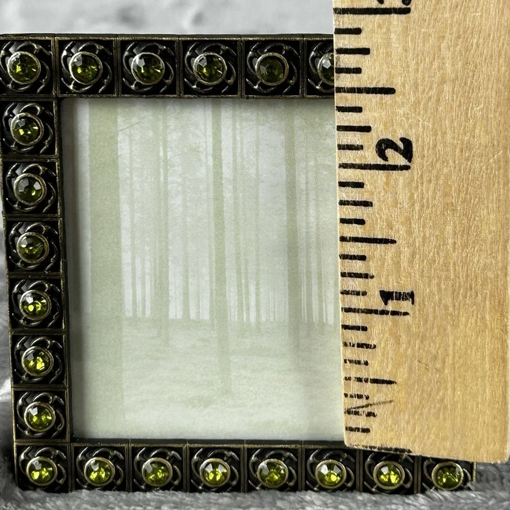 VTG Brass Jeweled Metal Square Frame Green Peridot Colored Rhinestones Boho‎